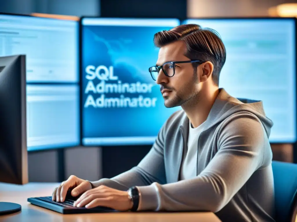 Un administrador de bases de datos trabajando en consultas SQL en bases espaciales, rodeado de pantallas con datos y códigos