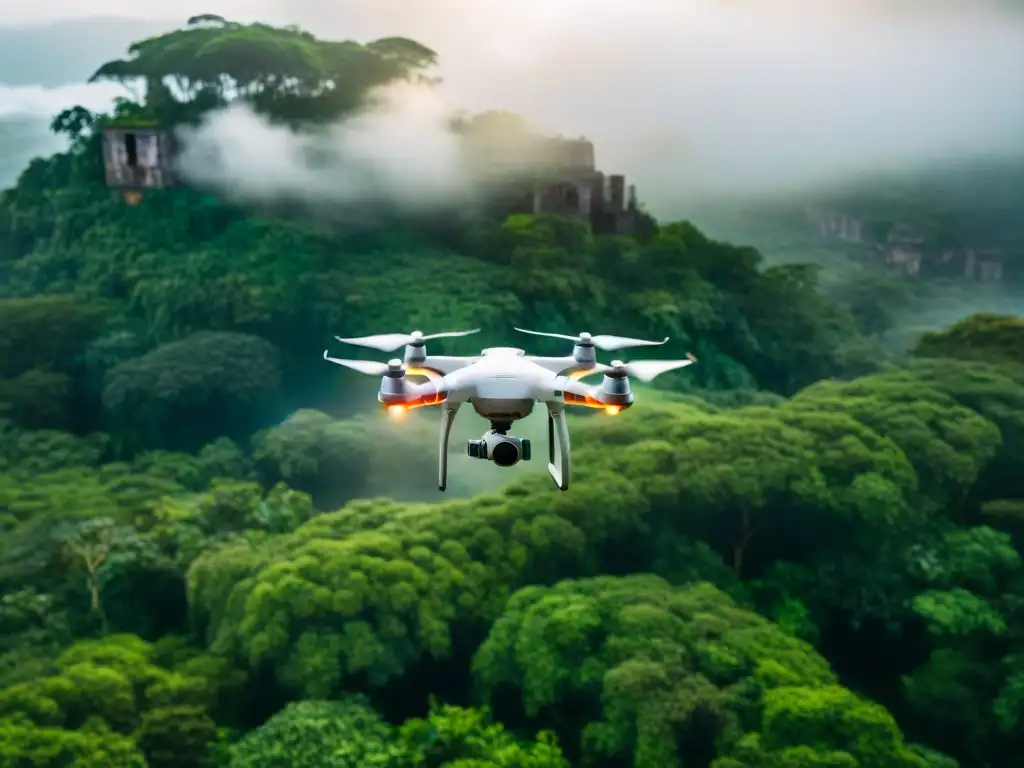 Exploración aérea de civilizaciones antiguas: drone sobre jungla con ruinas y rayos de sol