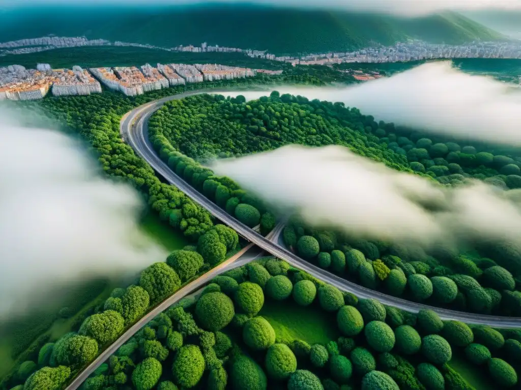 Fotografía aérea detallada en sepia de una ciudad bulliciosa, fusionando desarrollo urbano y naturaleza