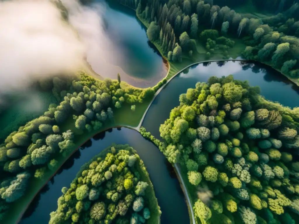 Fotografía aérea en cartografía moderna: Intrincado paisaje de ríos y bosques bañados por luz