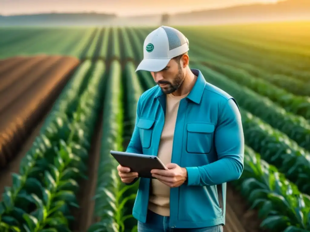 Granja del futuro: Agricultor con GPS en campo soleado Un agricultor en un campo soleado utiliza tecnología GNSS para Agricultura de Precisión, rodeado de cultivos exuberantes