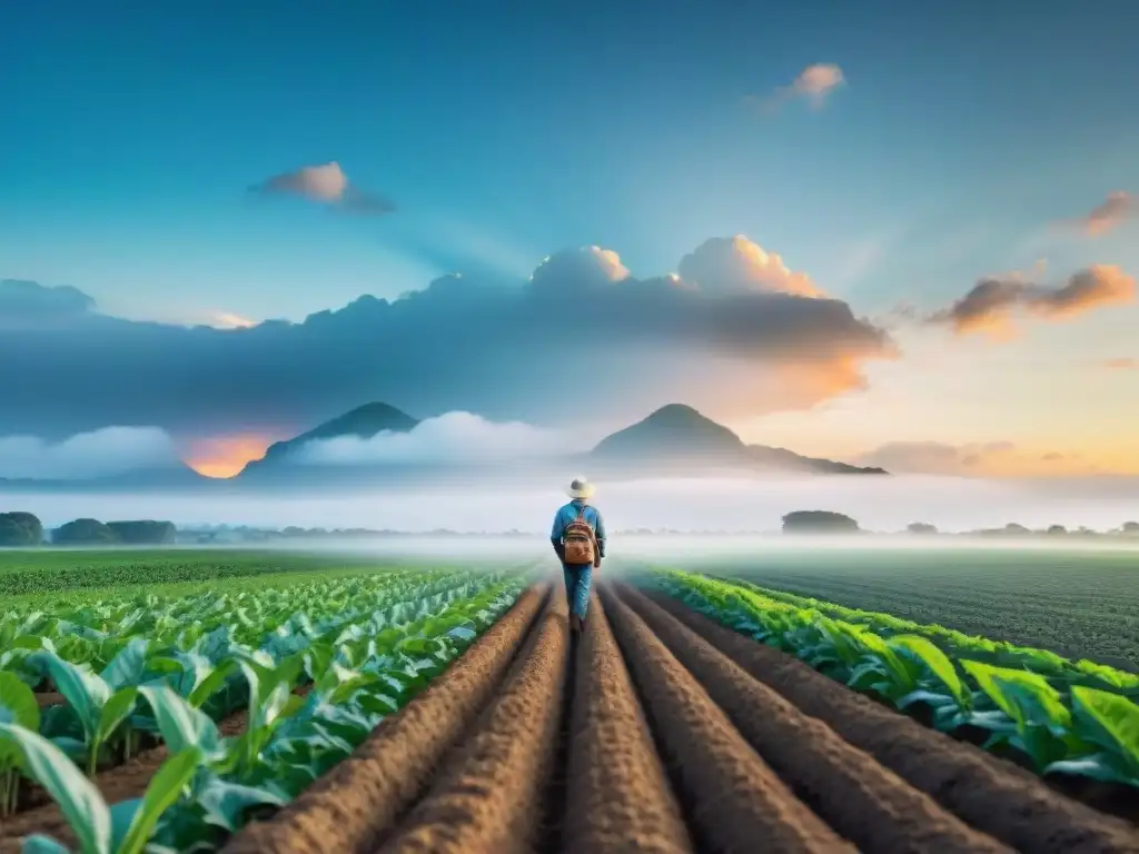 Granja futurista: agricultor y maquinaria GNSS en campo avanzado Un agricultor en un campo tecnológico rodeado de maquinaria agrícola de alta tecnología con señales satelitales