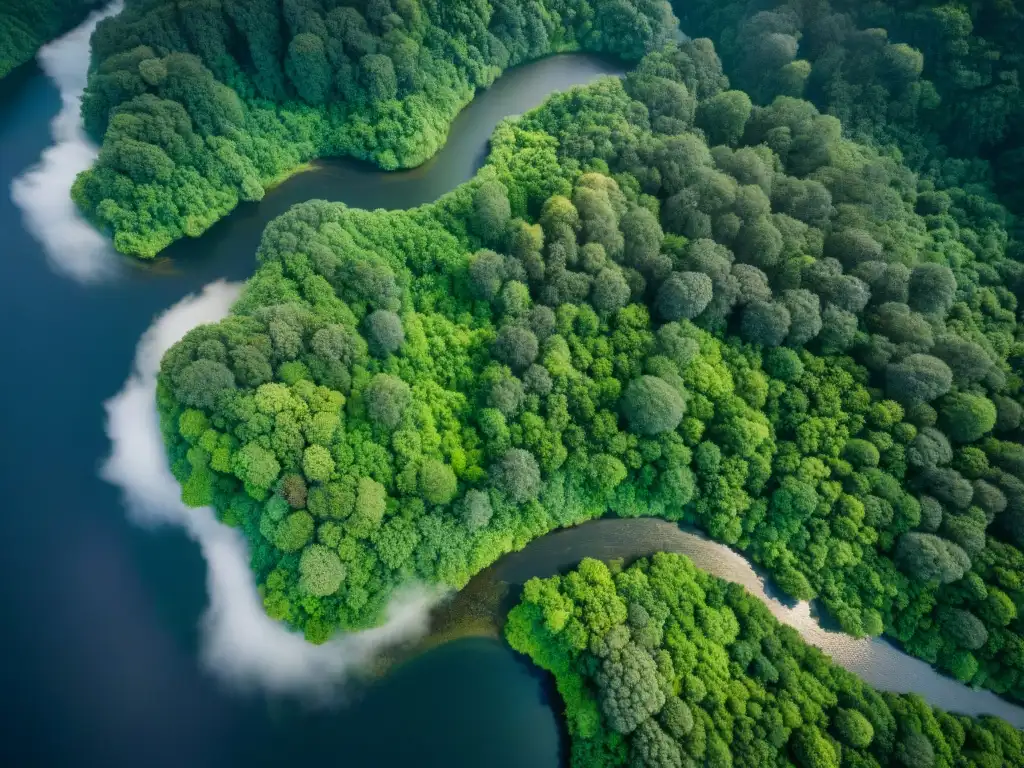 Almacenamiento en nube para cartografía: Vista aérea de ríos entre bosques verdes, con luz filtrándose entre las hojas