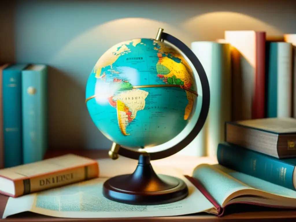 Explorando el mundo: globo vintage rodeado de mapas antiguos y brújulas Un ambiente nostálgico y académico con un globo terráqueo rodeado de mapas antiguos, brújulas y lupas