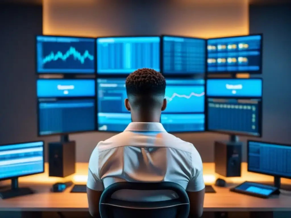 Analista de seguridad de red concentrado frente a múltiples pantallas de computadora, analizando datos con código binario de fondo