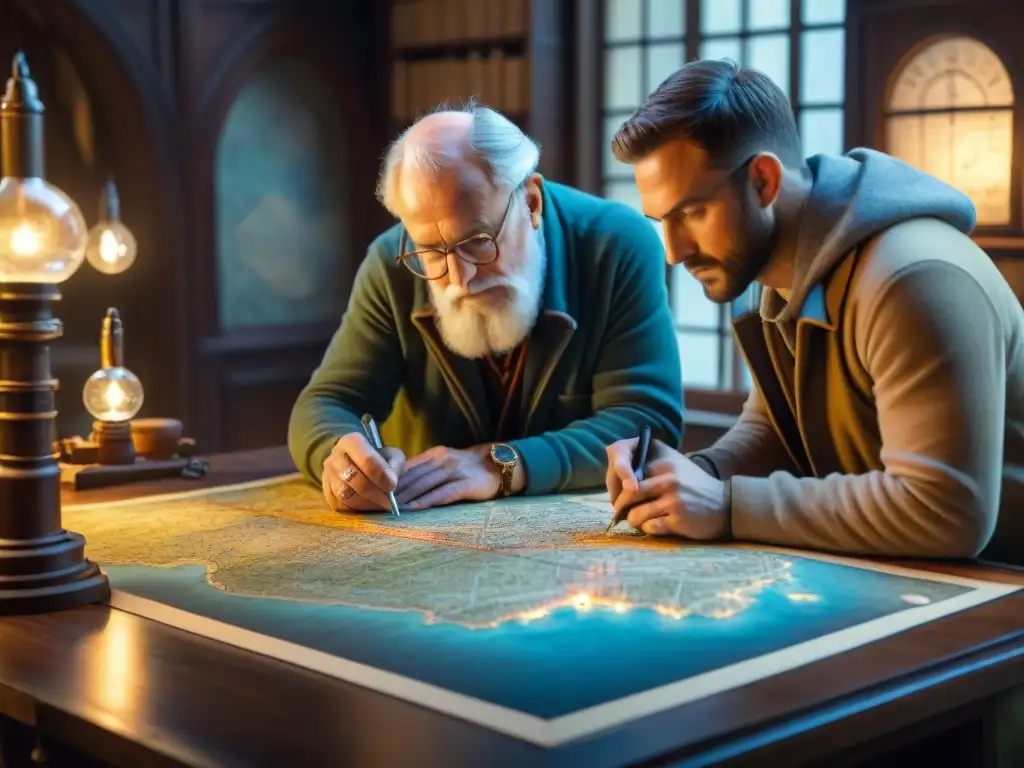 Un anciano cartógrafo detallando un antiguo mapa en una habitación llena de instrumentos antiguos, mientras sus aprendices observan con atención