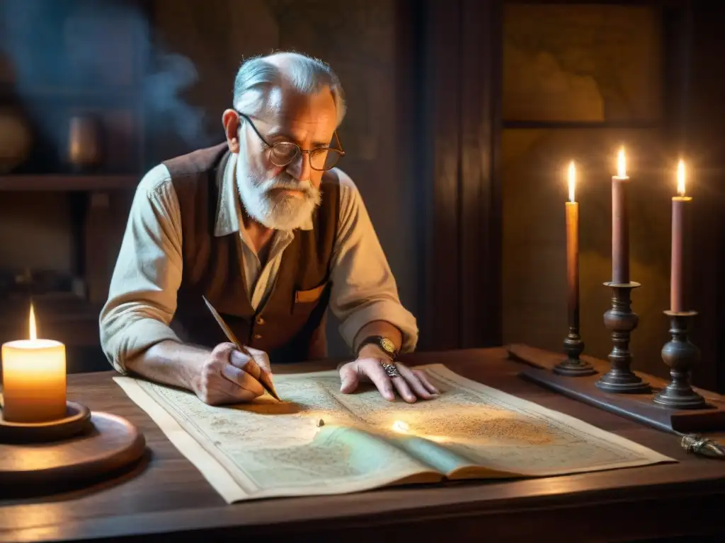 Un anciano cartógrafo en su estudio antiguo, trazando mapas bajo la luz de una vela