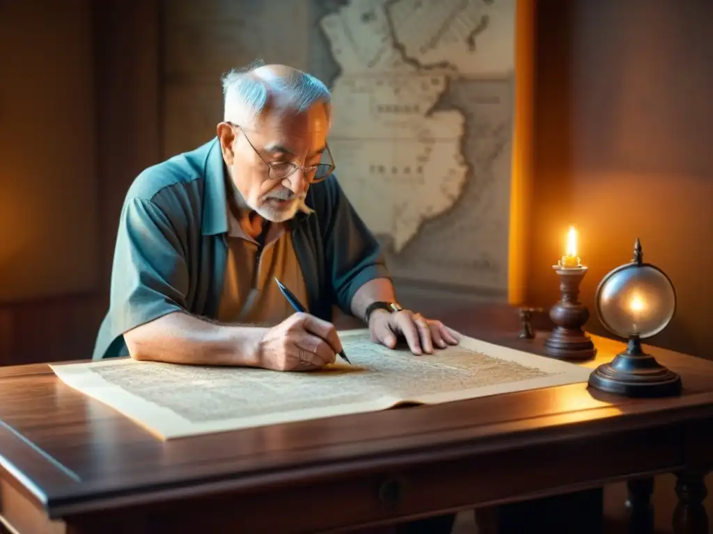 Un anciano cartógrafo en su estudio, dibujando un mapa detallado en pergamino con pluma