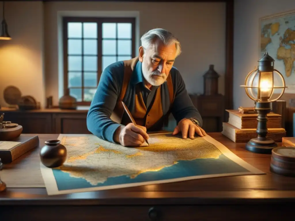 Un anciano cartógrafo dibujando mapas antiguos en una habitación iluminada, rodeado de mapas y herramientas de navegación