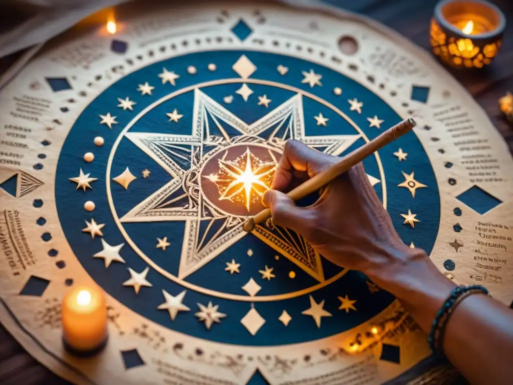 Anciano nativo americano elaborando mapa estrellas en pergamino en cálida luz de fogata, símbolos celestiales y patrones geométricos