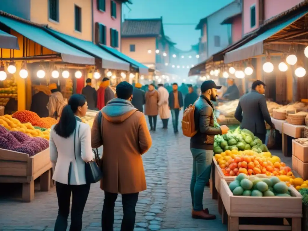 Un animado mercado con vendedores y pantallas con mapas digitales, representando la integración de la cartografía digital en el comercio electrónico