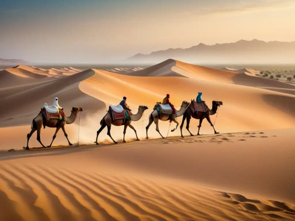 Antigua caravana de camellos recorriendo un desierto árido bajo el sol abrasador