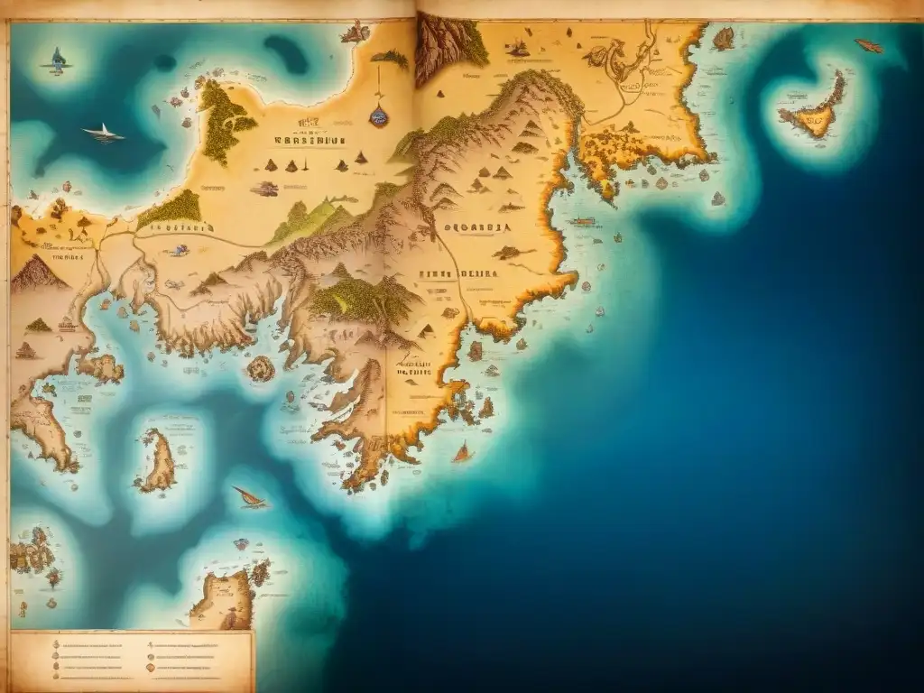 Antigua mapa detallado con criaturas marinas y líneas costeras, técnicas cartográficas evolución visualización urbana