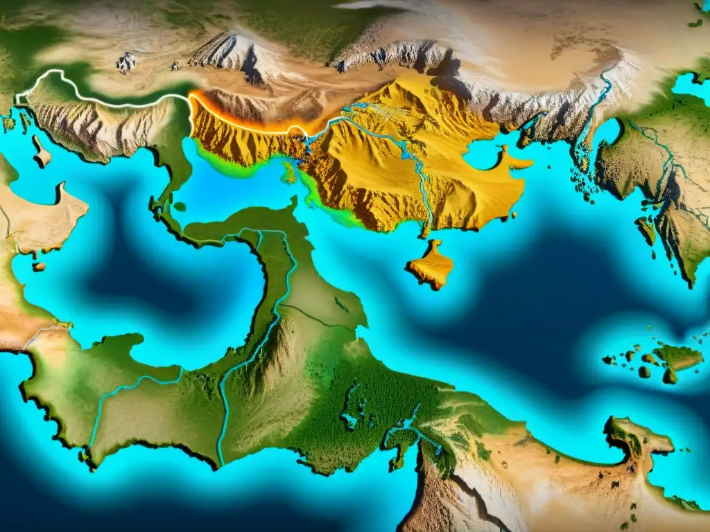 Antigua ruta de la seda en detallado mapa sepia, con caravanas y ciudades, evocando la historia y la evolución de la cartografía