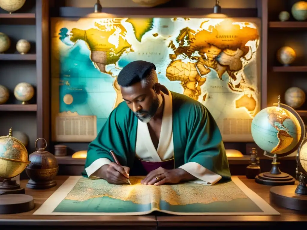 Antiguo cartógrafo elaborando un detallado mapa en pergamino rodeado de mapas y globos antiguos en un estudio atmosférico
