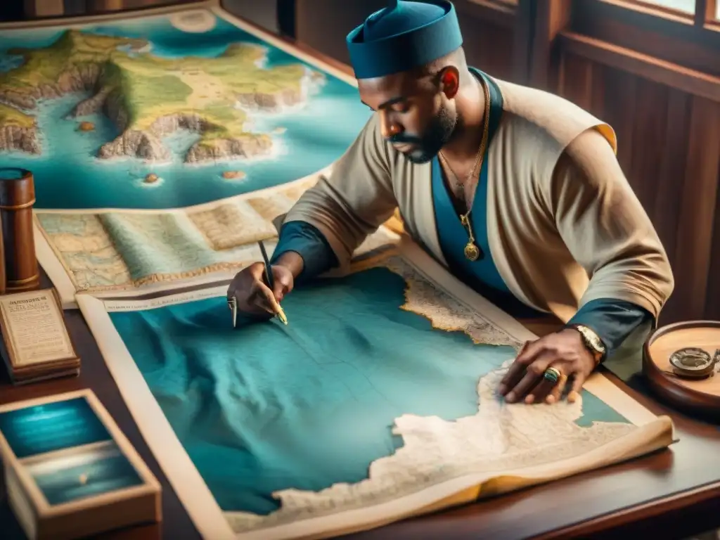 Maestro cartógrafo recrea mapas antiguos con meticulosidad Mapamundi antiguo detalladamente dibujado en pergamino por cartógrafo, rodeado de mapas antiguos y herramientas de navegación
