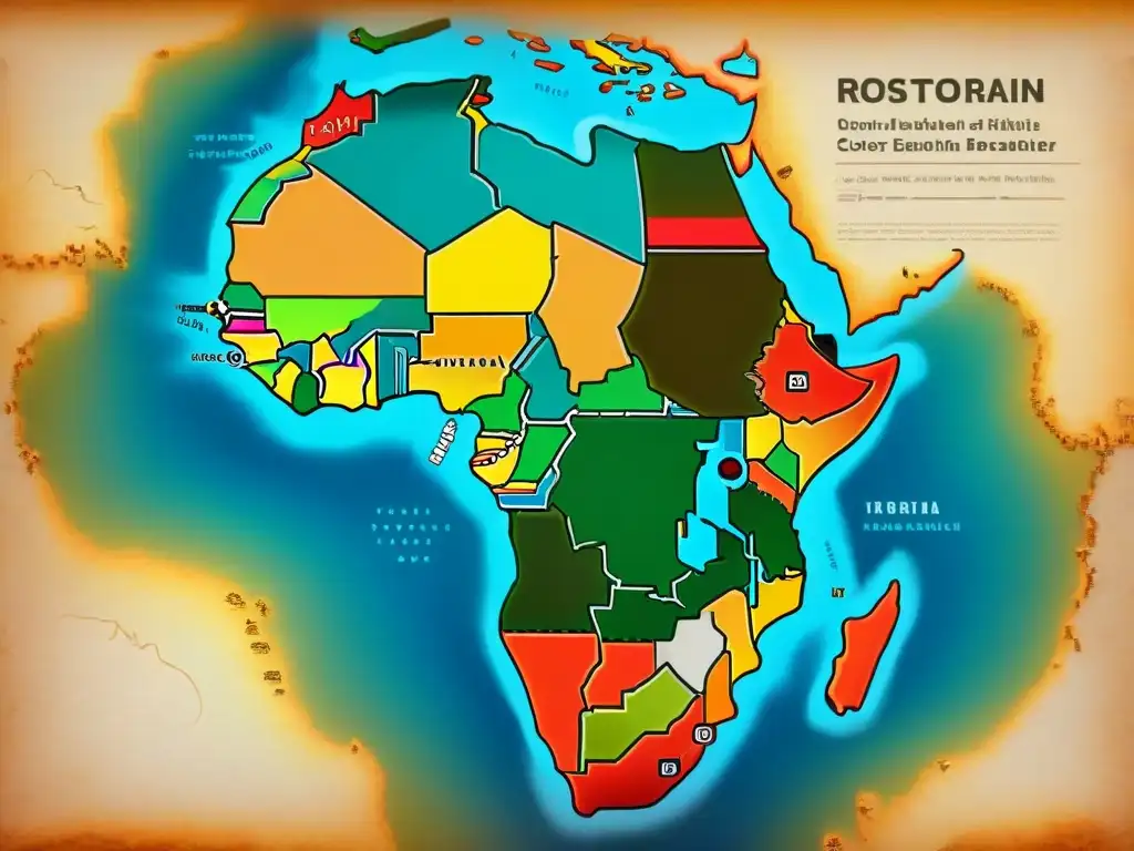 Un antiguo mapa africano detallado en sepia, con símbolos únicos representando diferentes regiones y adornado con ilustraciones de la vida salvaje y pueblos tradicionales