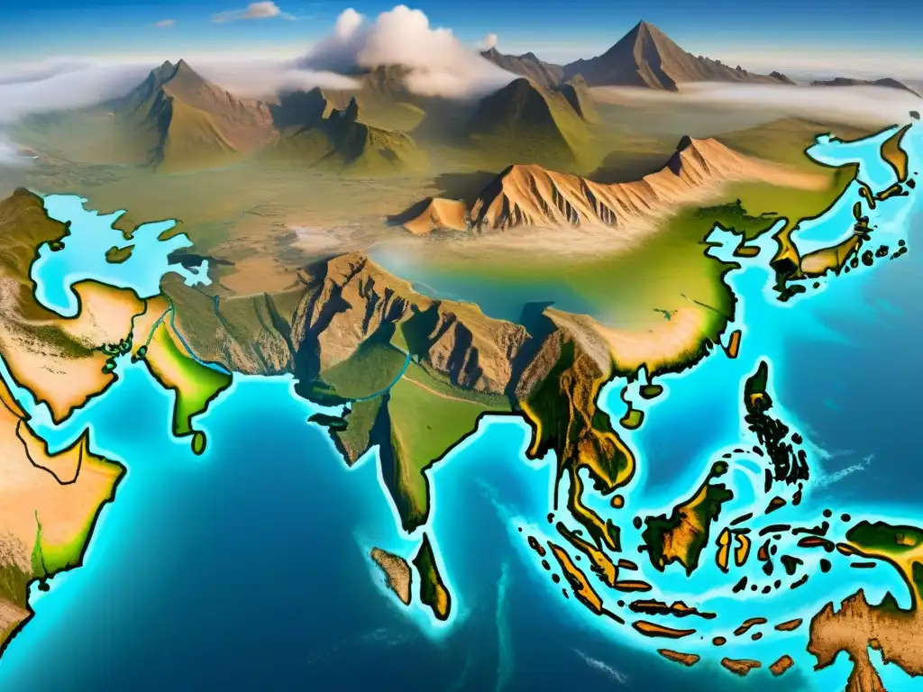 Antiguo mapa sepia detallando Asia Central, con caminos de caravanas y ciudades, símbolos celestes