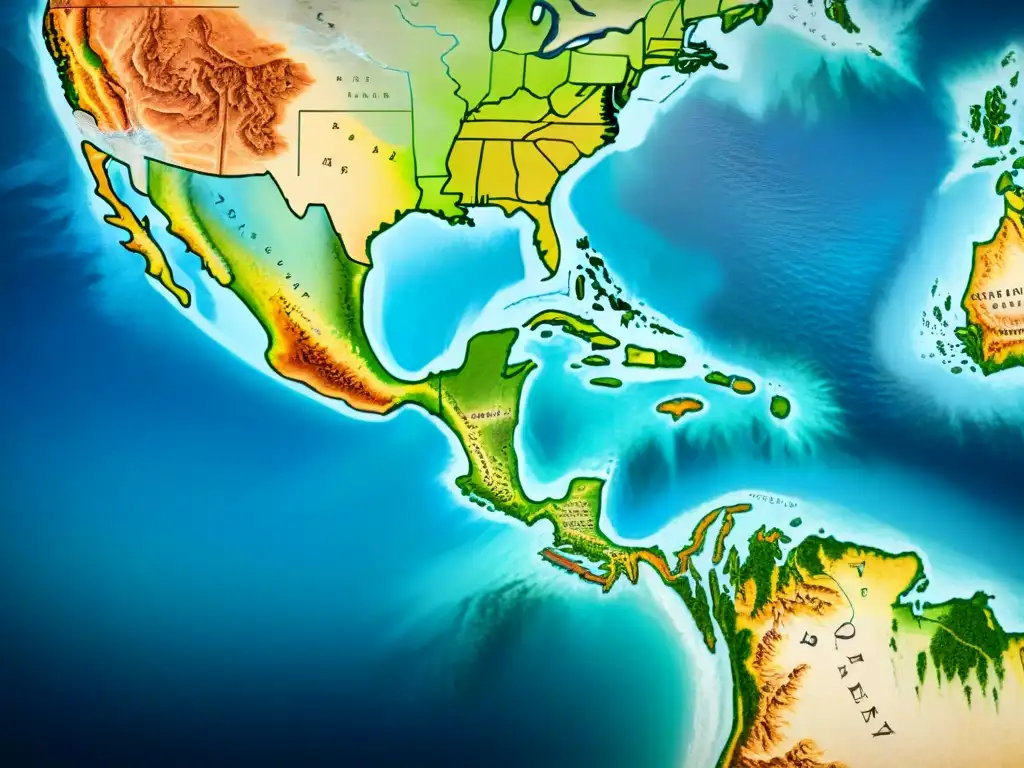 Antiguo mapa detallado de las Américas en sepia sobre pergamino, con símbolos indígenas y anotaciones, evocando misterio y significado histórico, ideal para 'cartografía en la era digital'