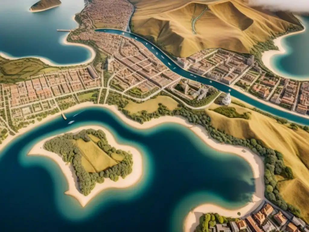 Mapa histórico detallado en sepia de ciudad antigua en 8k Antiguo mapa detallado de ciudad con tonos sepia, decorado con ilustraciones náuticas y criaturas míticas