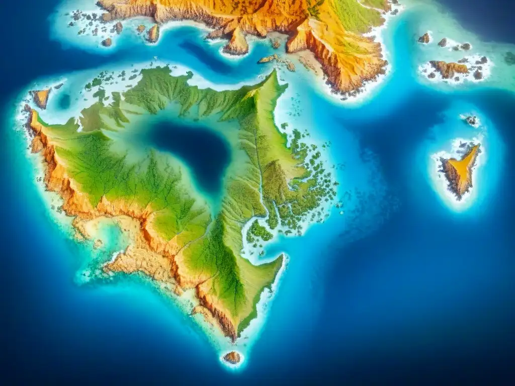 Un antiguo mapa detallado en sepia muestra costas, montañas y criaturas marinas