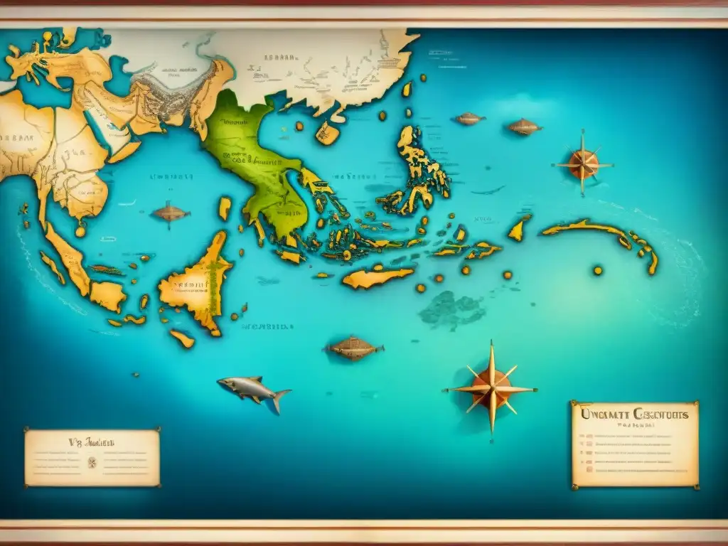 Antiguo mapa detallado en sepia con criaturas marinas y rutas navegacionales, exploración cartográfica de profundidades oceánicas