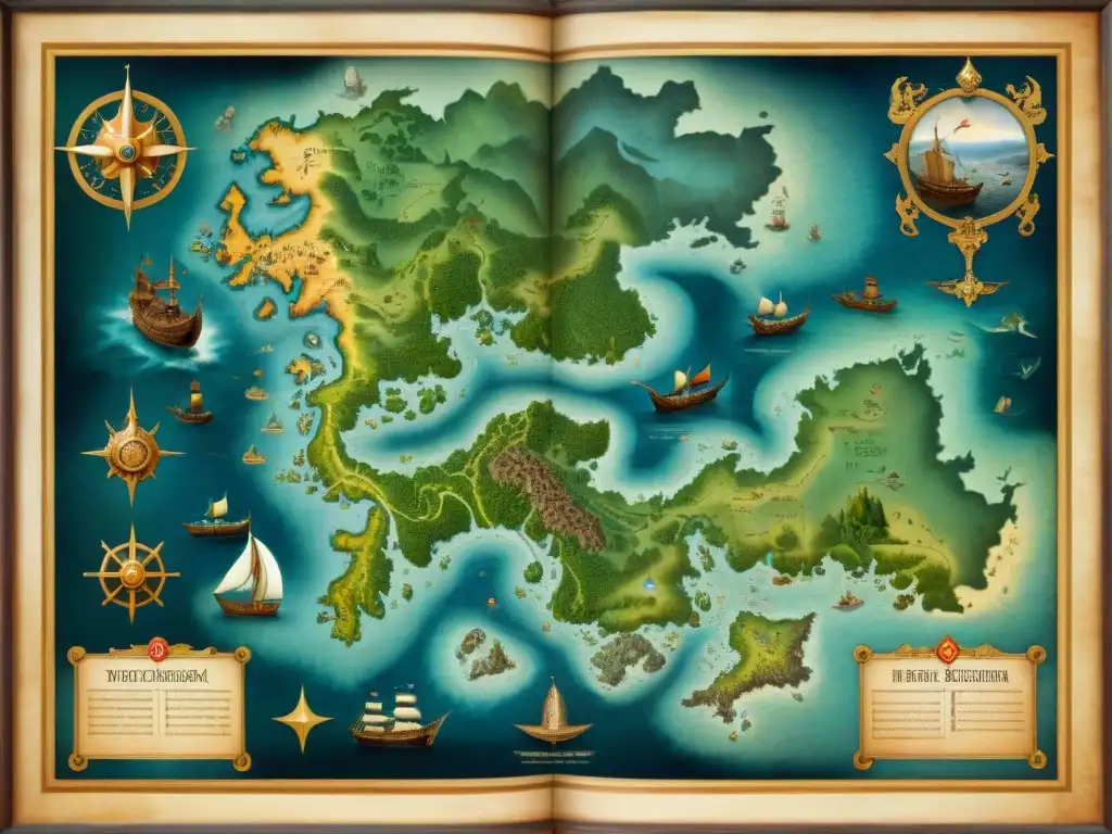 Mapa antiguo del siglo XVI con criaturas míticas y rutas marinas Un antiguo mapa detallado con criaturas fantásticas entrelazadas en tierras y rutas marítimas, significado criaturas mapas antiguos