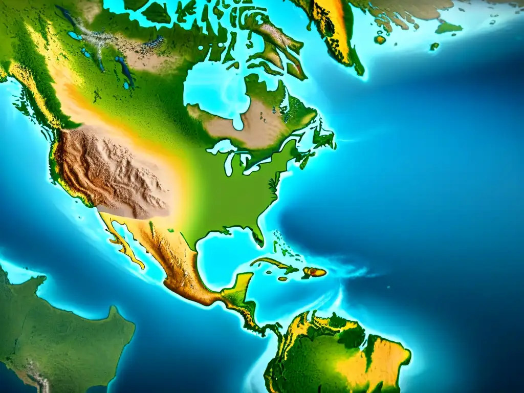 Antiguo mapa detallado de América antes del descubrimiento de Colón, con tonos sepia, costas, ríos y cordilleras