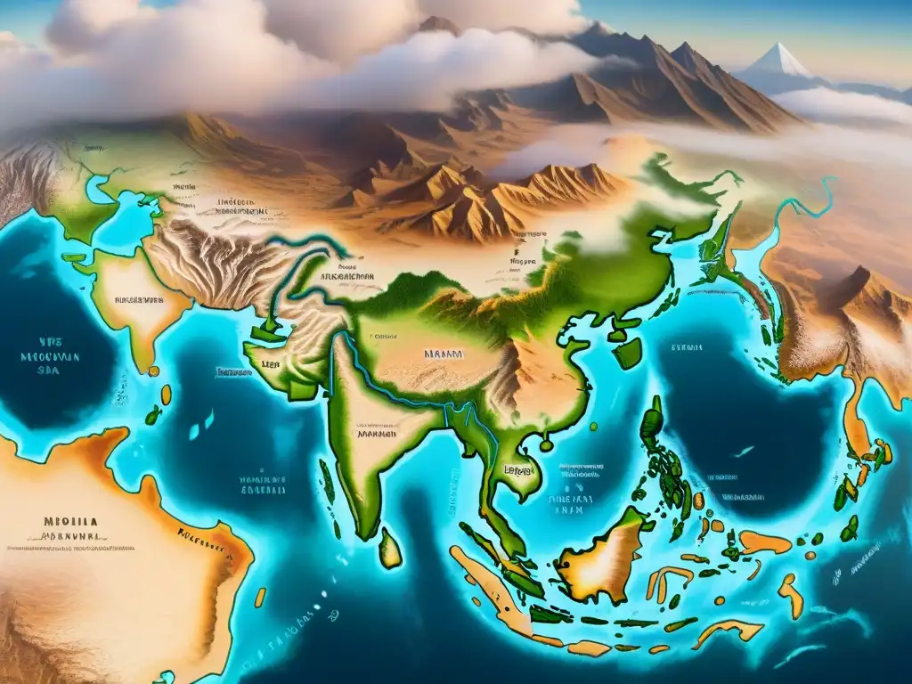 Un antiguo mapa detallado de Asia, elaborado por cartógrafos árabes, con ricas tonalidades sepia y delicados trazos