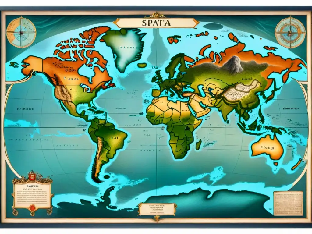 Un antiguo mapa detallado en sepia de la Era de la Exploración, con monstruos marinos y rutas de navegación, marcando descubrimientos