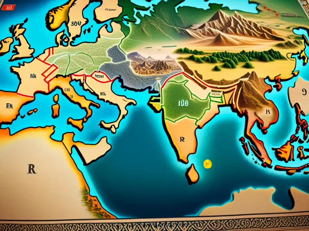 Un antiguo mapa detallado en sepia de la legendaria Ruta de la Seda, mostrando caminos intrincados, ciudades y culturas en intercambio