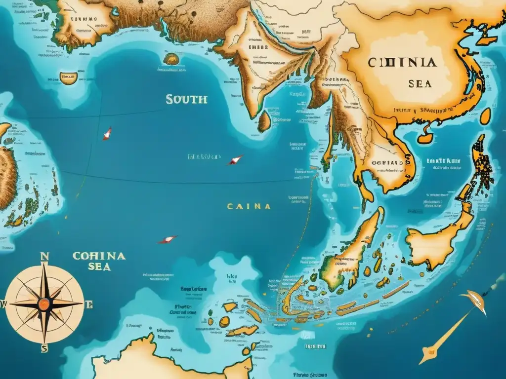 Antiguo mapa sepia detallado del Mar de China Meridional, con rosas de los vientos y monstruos marinos