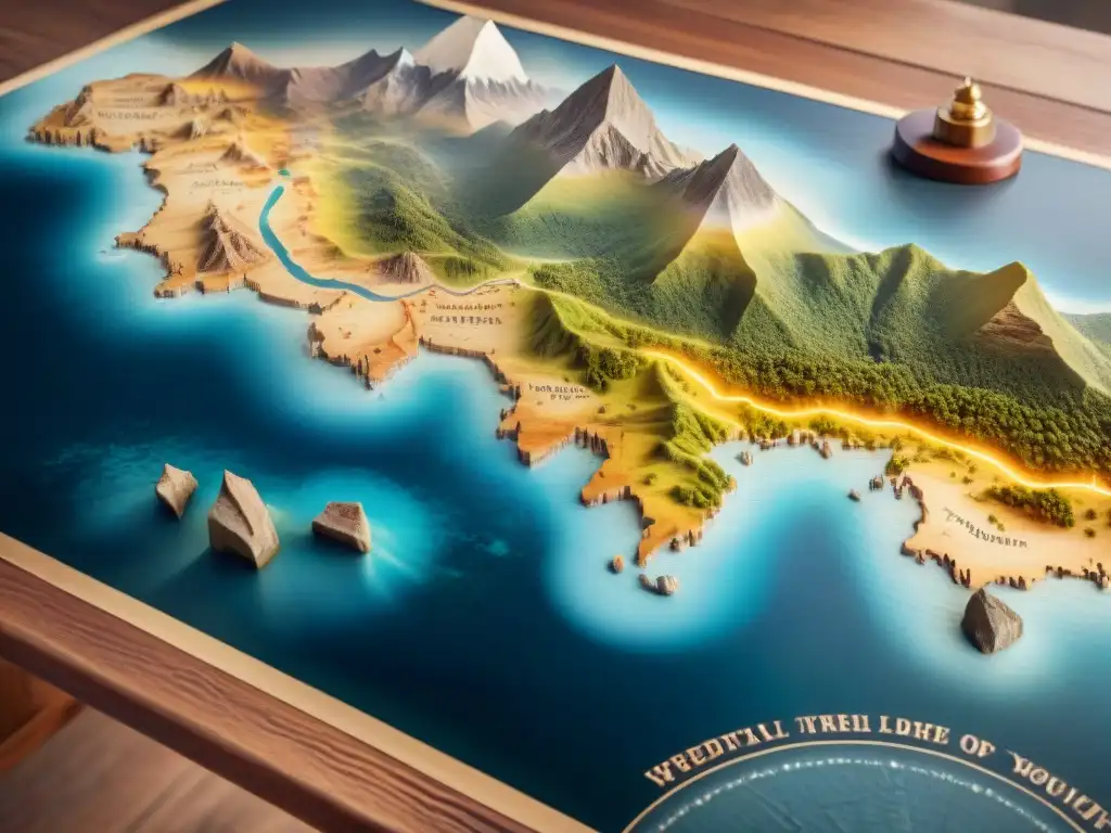 Mapa antiguo detallado en sepia: rutas comerciales y tesoros perdidos Un antiguo mapa detallado en sepia sobre mesa de madera iluminado por luz cálida, evolución cartografía mapas antiguos