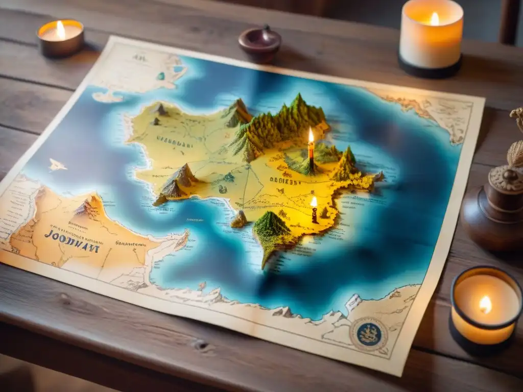 Un antiguo mapa detallado sobre una mesa de madera iluminado por una vela, evocando aventura y descubrimiento