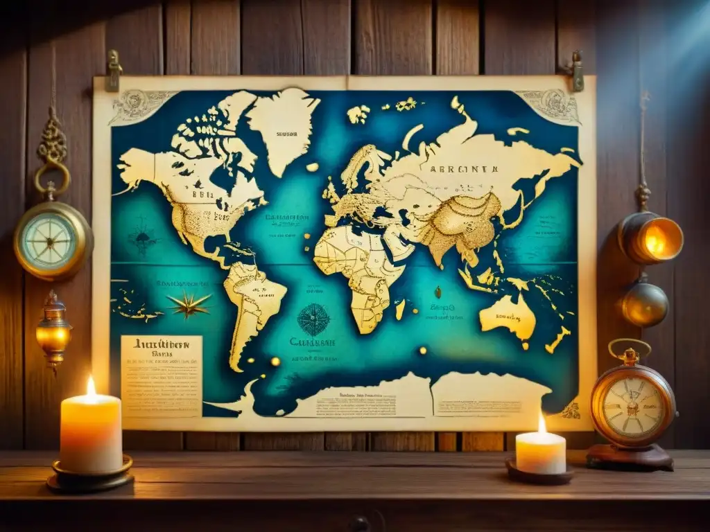 Un antiguo mapa detallado en sepia sobre una mesa de madera envejecida iluminado por una vela, evoca misterio y exploración de siglos pasados, mostrando la evolución cartografía mapas digitales