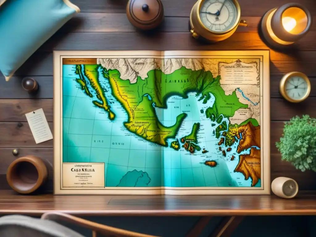 Un antiguo mapa detallado en sepia sobre una mesa de madera, mostrando detalles geográficos con bordes desgastados y símbolos cartográficos antiguos