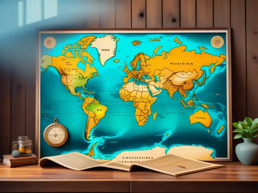 Un antiguo mapa detallado en sepia sobre una mesa de madera desgastada, con símbolos y mensajes ocultos por descifrar