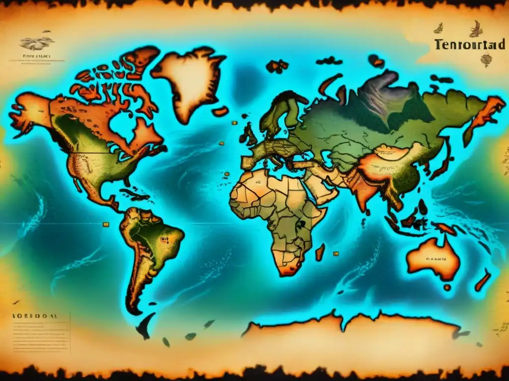 Mapa antiguo detallado en sepia: criaturas y territorios míticos Un antiguo mapa detallado en sepia, con monstruos marinos y criaturas mitológicas en territorios inexplorados, evocando la evolución cartográfica a lo largo del tiempo real