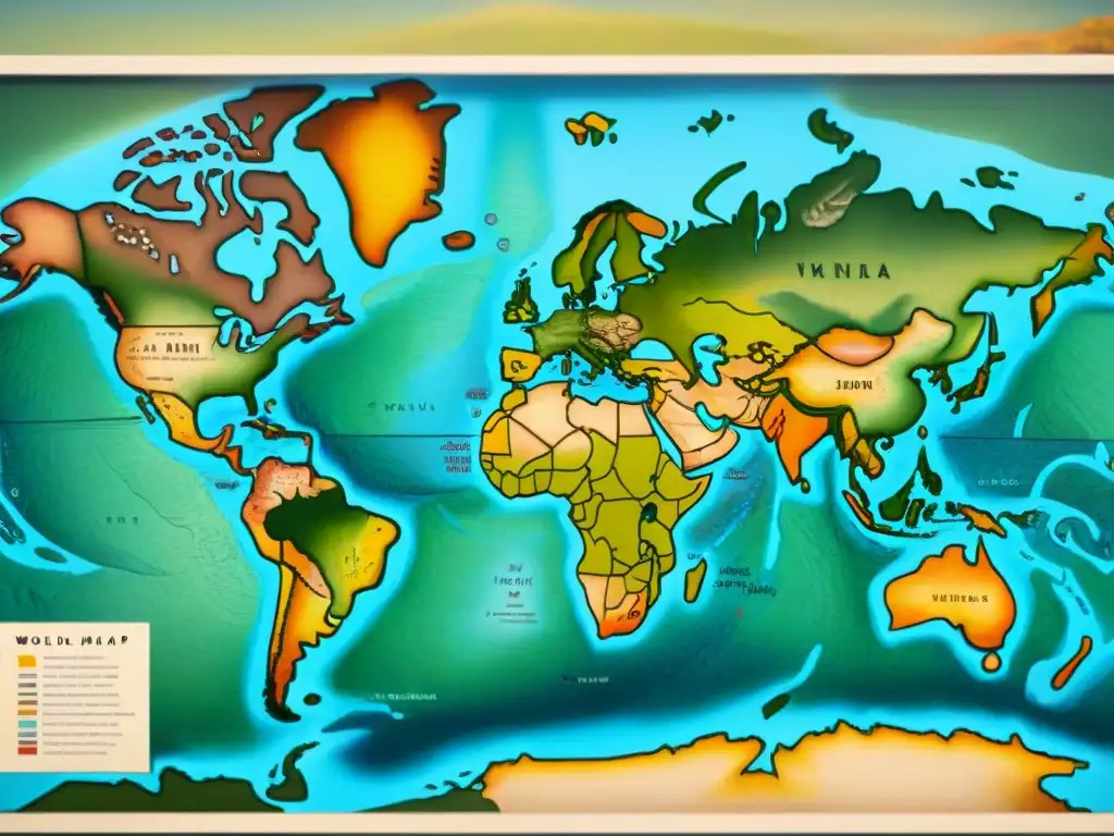 Un antiguo mapa detallado del mundo, con montañas, ríos y bosques, rutas comerciales y países, evocando historia y exploración