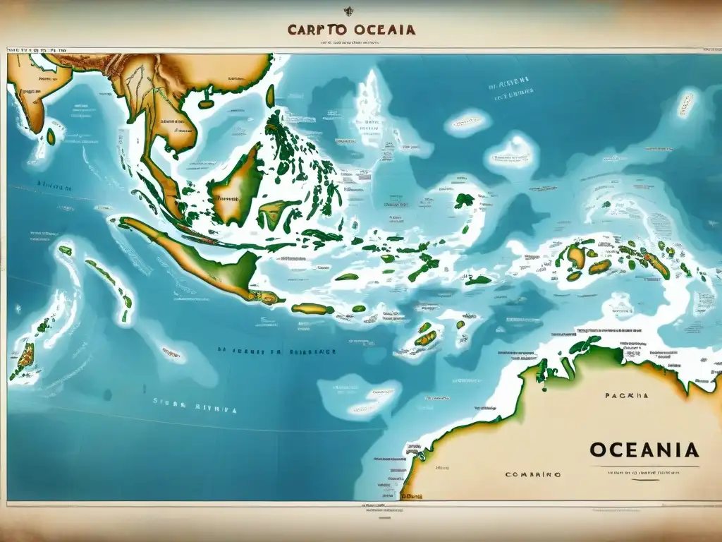 Antiguo mapa sepia detallado del océano Pacífico y Oceanía del siglo XIX, evolución cartografía mapas Oceanía