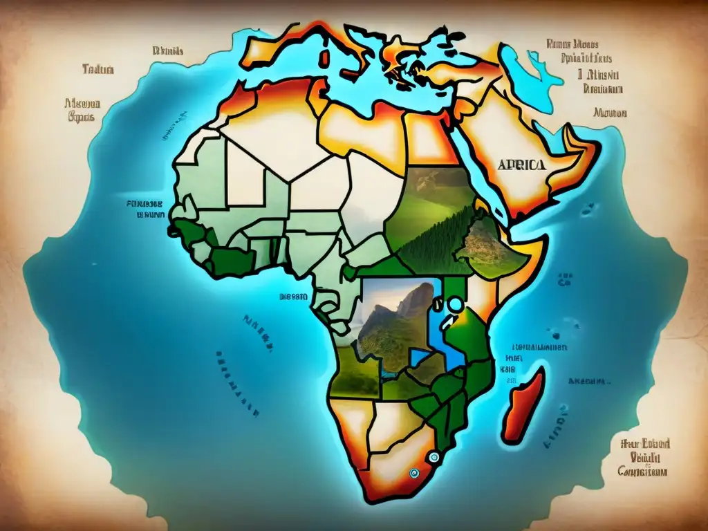 Antiguo mapa detallado de África en pergamino envejecido, evocando la evolución de la cartografía en África