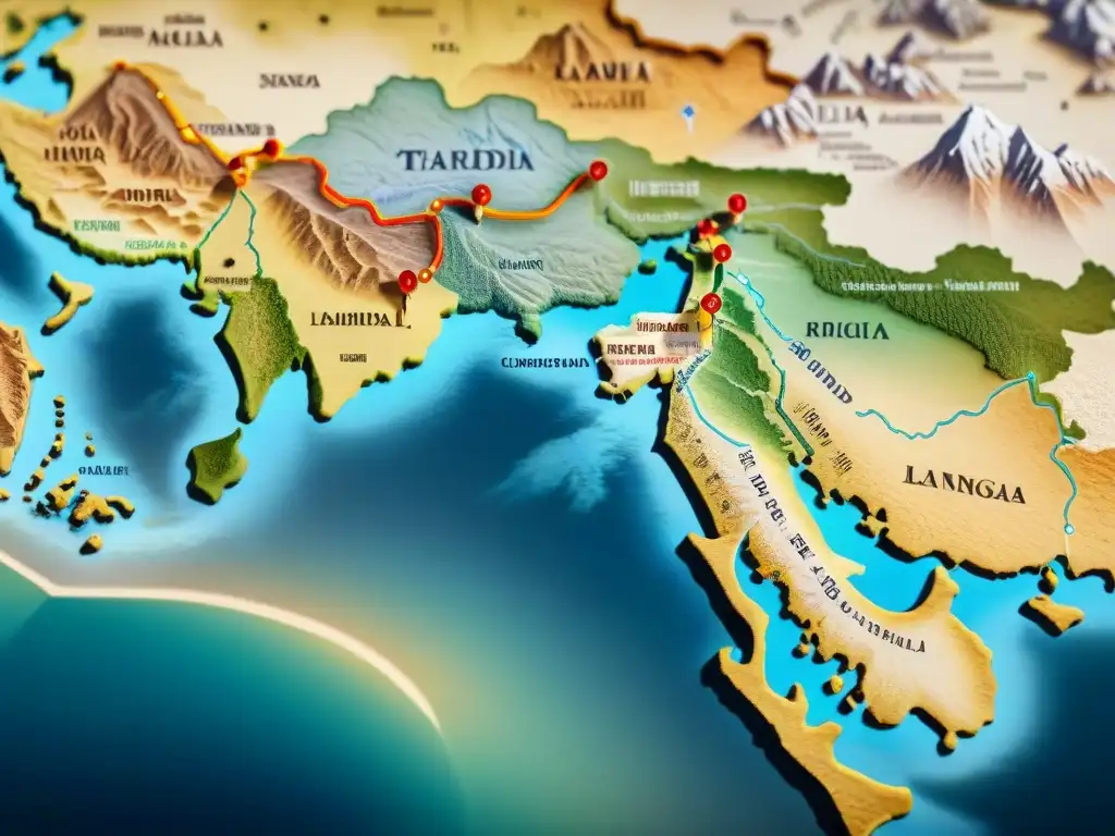 Un antiguo mapa detallado de la Ruta de la Seda, con ciudades comerciales y paisajes, evocando nostalgia