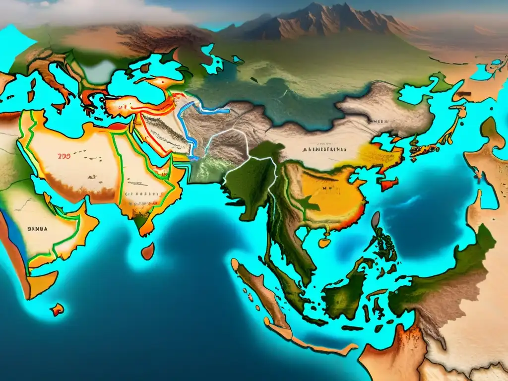 Antiguo mapa detallado de la Ruta de la Seda, reflejando la evolución de la historia y la cartografía con tonos sepia