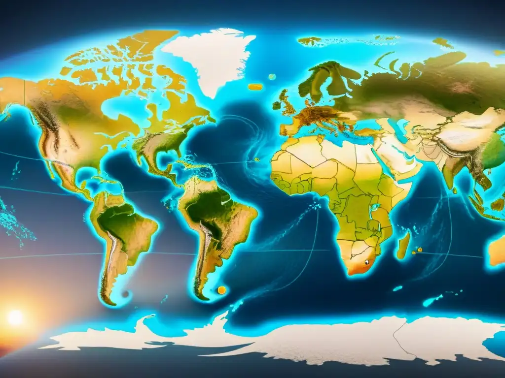 Un antiguo mapa detallado en sepia muestra las rutas comerciales globales, reflejando las complejas relaciones internacionales