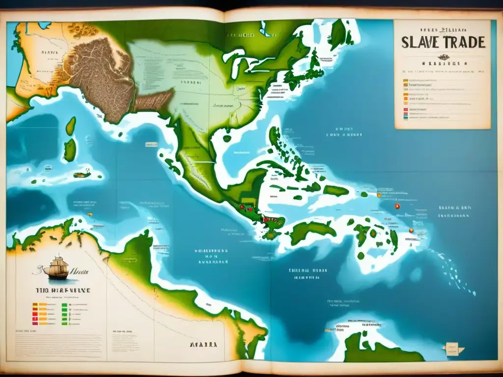 Antiguo mapa sepia detallado del siglo XVIII mostrando rutas comercio esclavista, con barcos, puertos y crudas ilustraciones