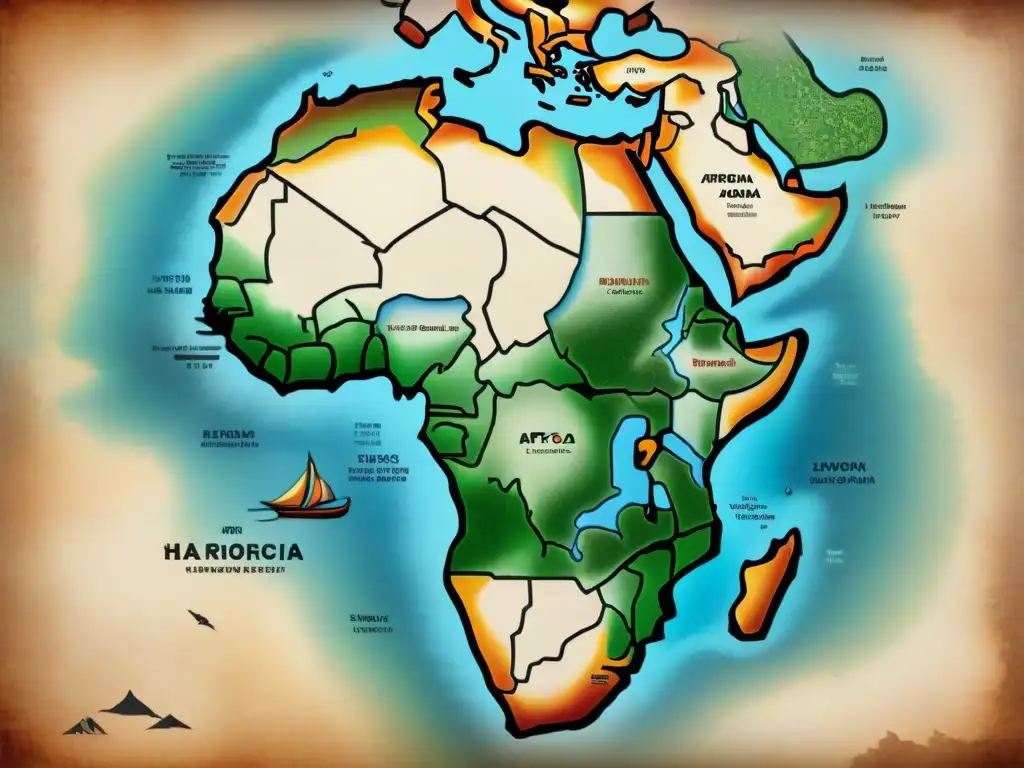 Un antiguo mapa detallado de África con rosas de los vientos y monstruos marinos, evocando la evolución cartografía mapas antiguos