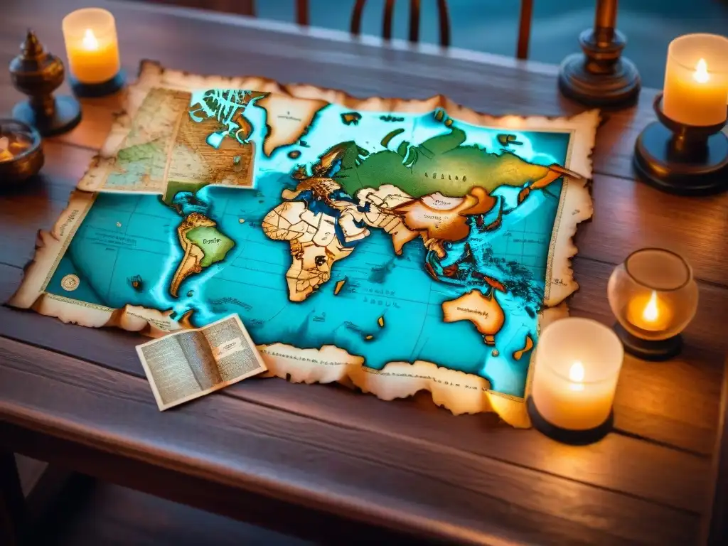 Antiguo mapa envejecido sobre mesa de madera iluminado por luz de vela, con detalles míticos y símbolos celestiales