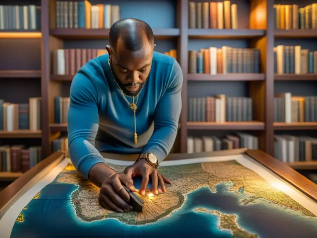 Bartholomeu Dias examina un antiguo mapa de África en un estudio iluminado con herramientas cartográficas