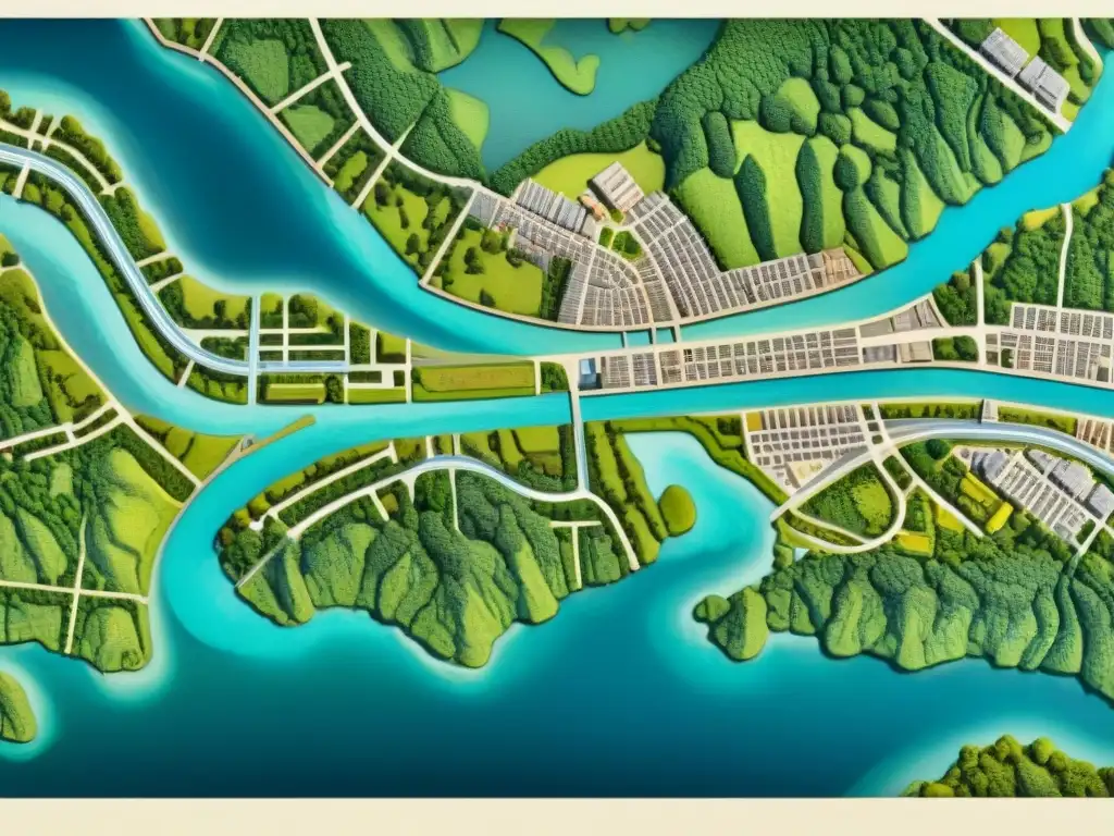 Un antiguo mapa sepia que destaca la importancia de los ríos en la cartografía urbana, conectando y dividiendo comunidades a lo largo de la historia