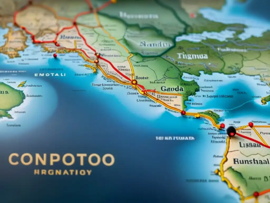 Mapa antiguo entrelazando lenguas y tierras: un viaje visual fascinante Un antiguo mapa sepia con intrincados detalles de lenguajes y paisajes, fusionando la evolución cartográfica con la diversidad lingüística